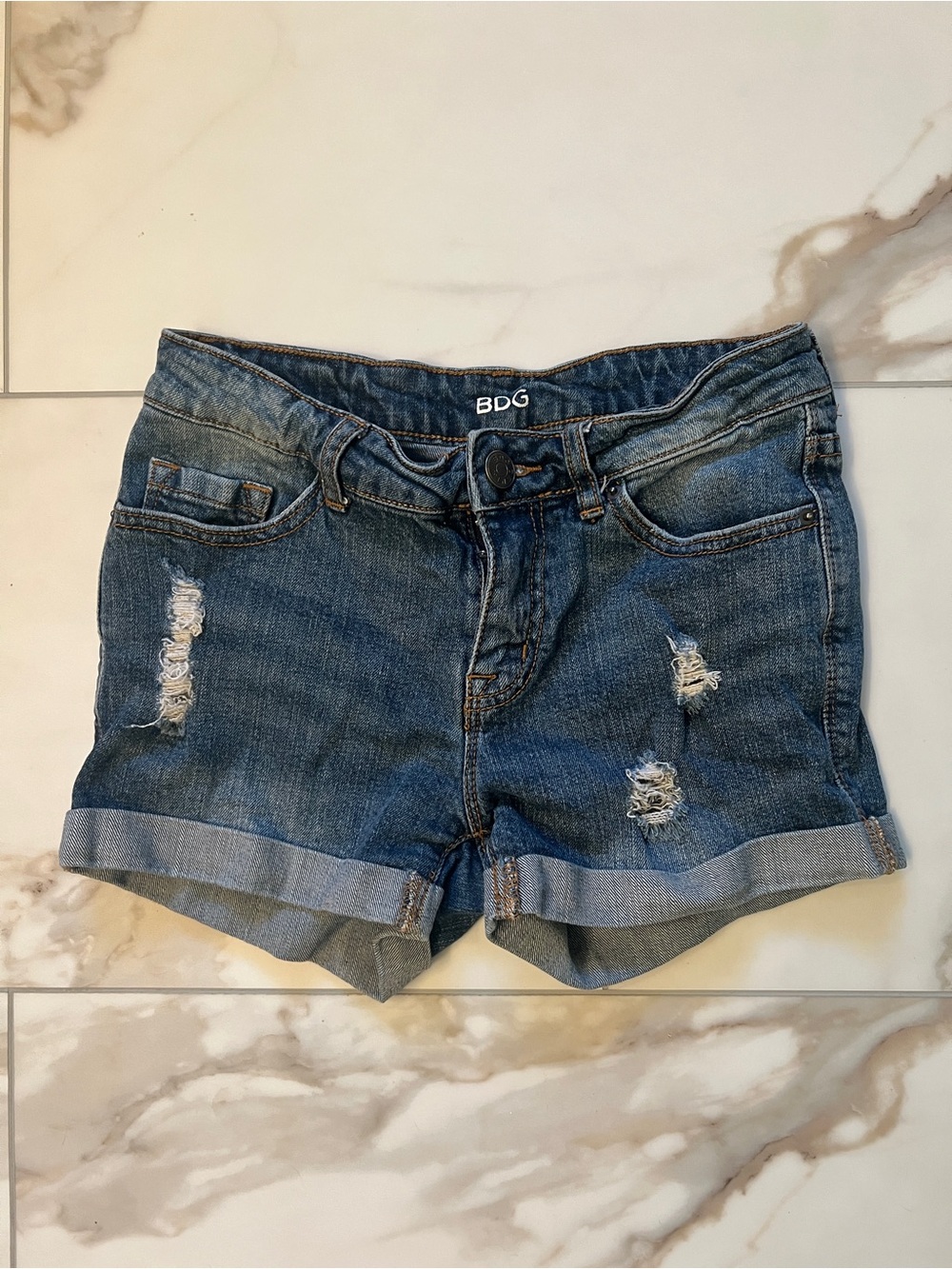 BDG Blue Distressed Mid Rise Alexa Rolled-Hem Denim Shorts